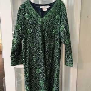 GRETCHEN SCOTT Green Navy Henna Embroidered Floral 3/4 Sleeve Dress Sz M